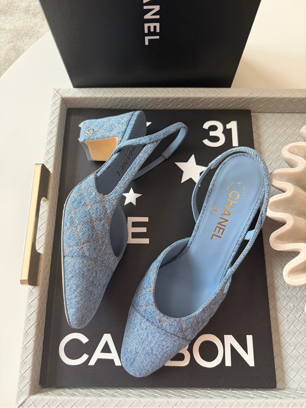 Chanel 26B CC Logo Light Blue Quilted Denim Jean Slingback Pumps Chunky Heel 38 - Picture 6 of 16